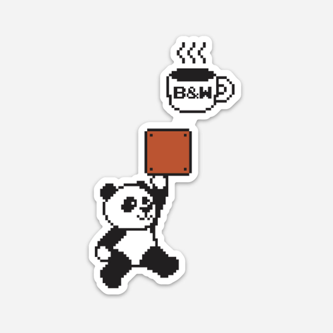 Pixel art sticker featuring a panda holding a brown square sign beneath a white coffee mug with the text B&W, shown on a light gray background.