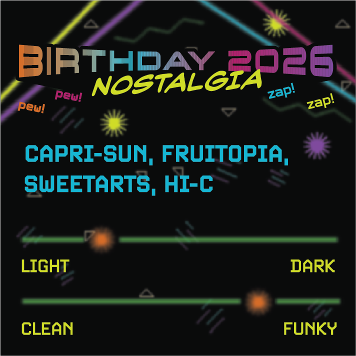 A digital graphic design for a 2026 birthday nostalgia coffee label, featuring neon text and retro elements on a black background.