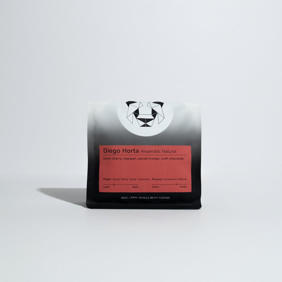 A bag of coffee on a white background with a solid red label that says Diego Horta Anaerobic Natural.