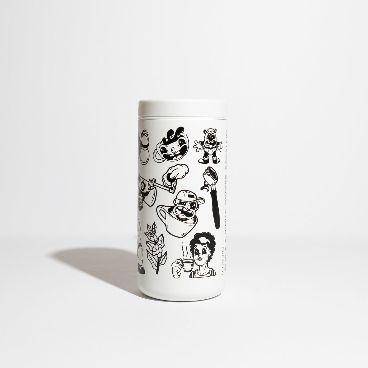 Panda Mailer Travel Cup featuring black doodle illustrations, 12oz capacity, 100% leak-proof lid, double-walled insulation, ideal for hot or cold beverages.