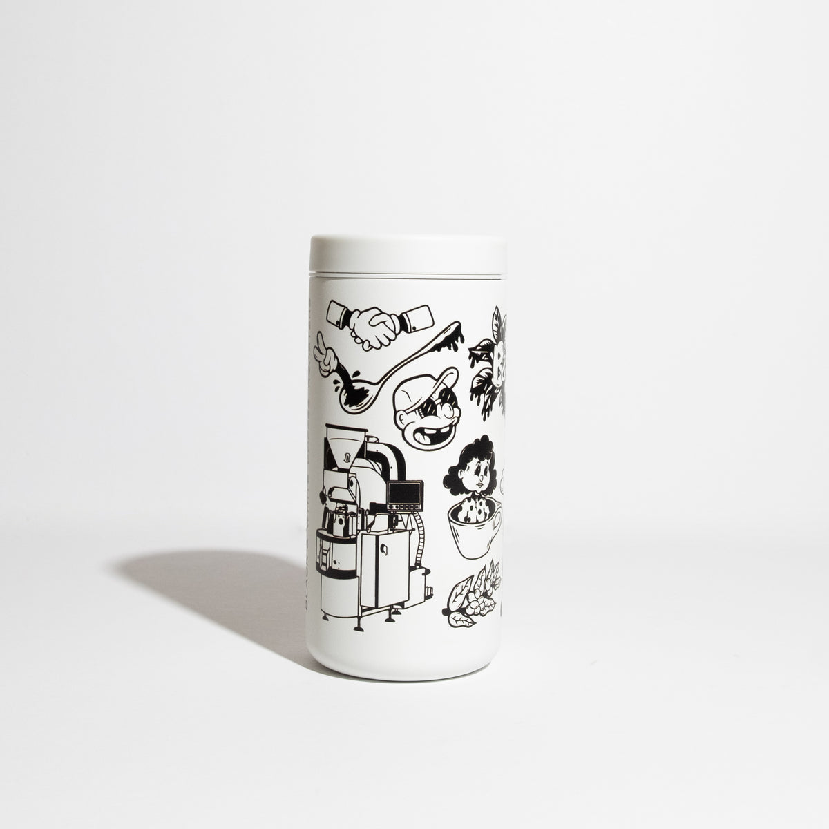 Panda Mailer Travel Cup featuring a white cylindrical design with monochrome line drawings, including coffee themes and faces, on a white background.