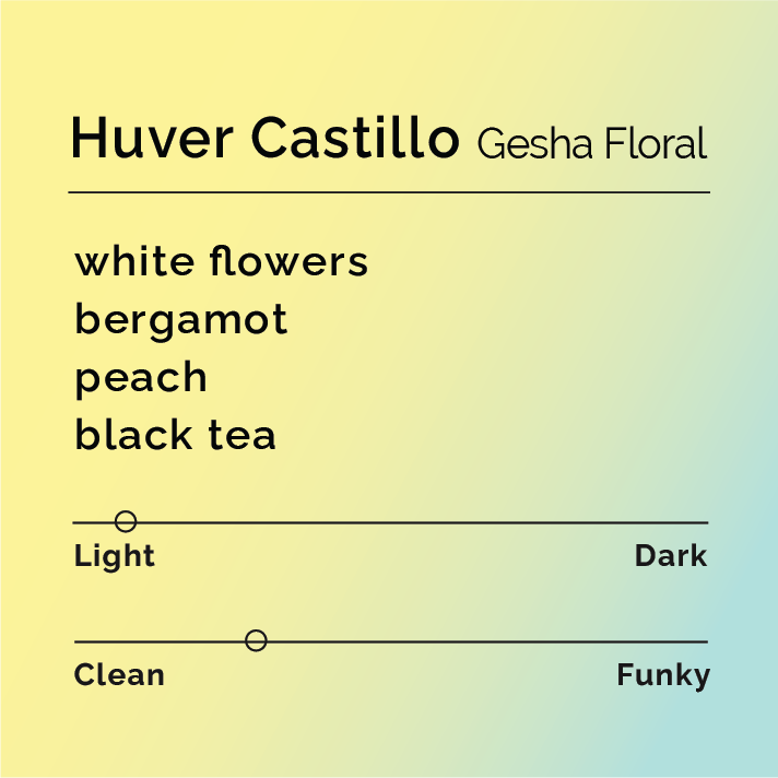 Product label for Huver Castillo - Gesha Floral with flavor description, clean funk, and lighter roast, on a color gradient background.