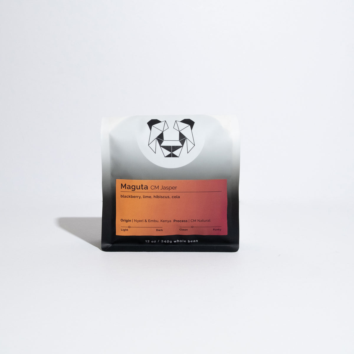 Maguta CM Jasper whole-bean coffee bag, featuring geometric logo, flavor notes, and origin details from Nyeri & Embu, Kenya, on a gradient gray-to-black pouch.