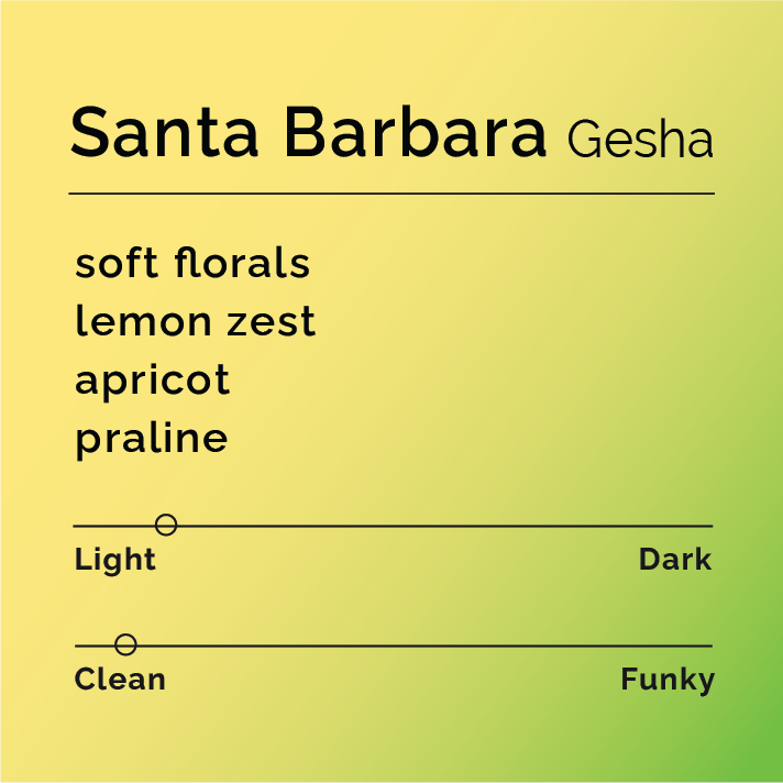 Product label for Santa Barbara - Gesha with flavor description, clean funk, and lighter roast, on a color gradient background.