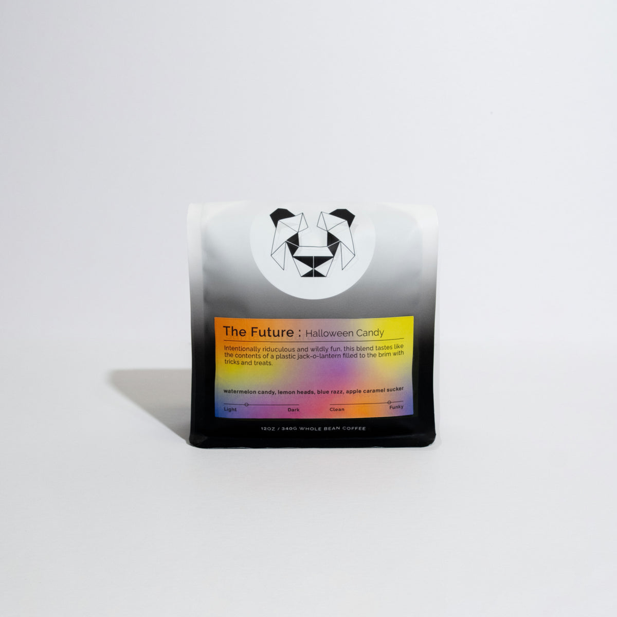 A single bag of The Future Halloween Candy whole bean coffee, featuring a white and black gradient bag with a multi-color label, set against a clean white background.
