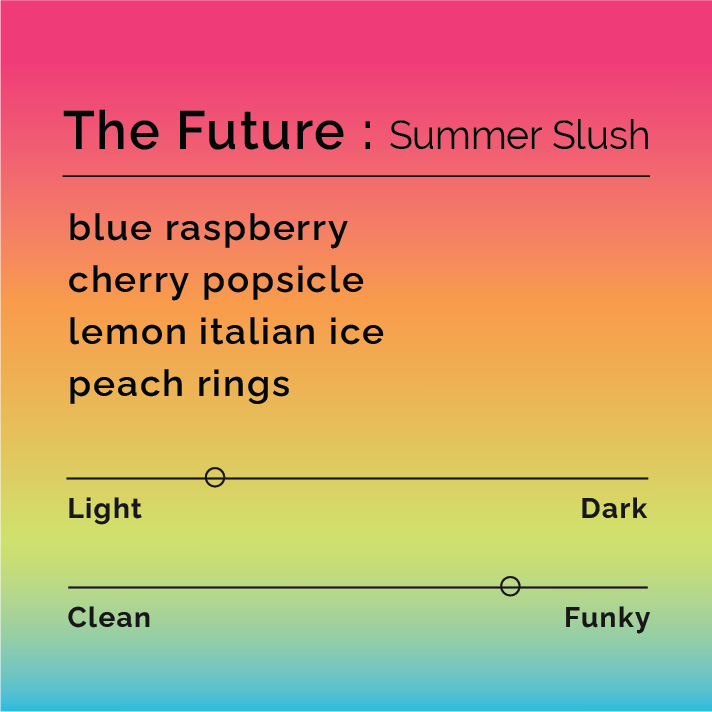 Product label for The Future - Summer Slush with flavor description, high funk, and lighter roast, on a color gradient background.