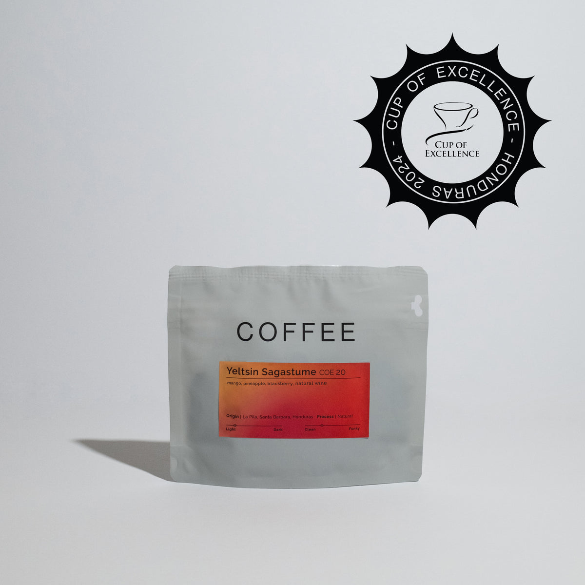 Yeltsin Sagastume - COE 20 coffee package, highlighting its Honduras origin and Maracaturra variety, celebrated for its tropical and dark fruit notes.