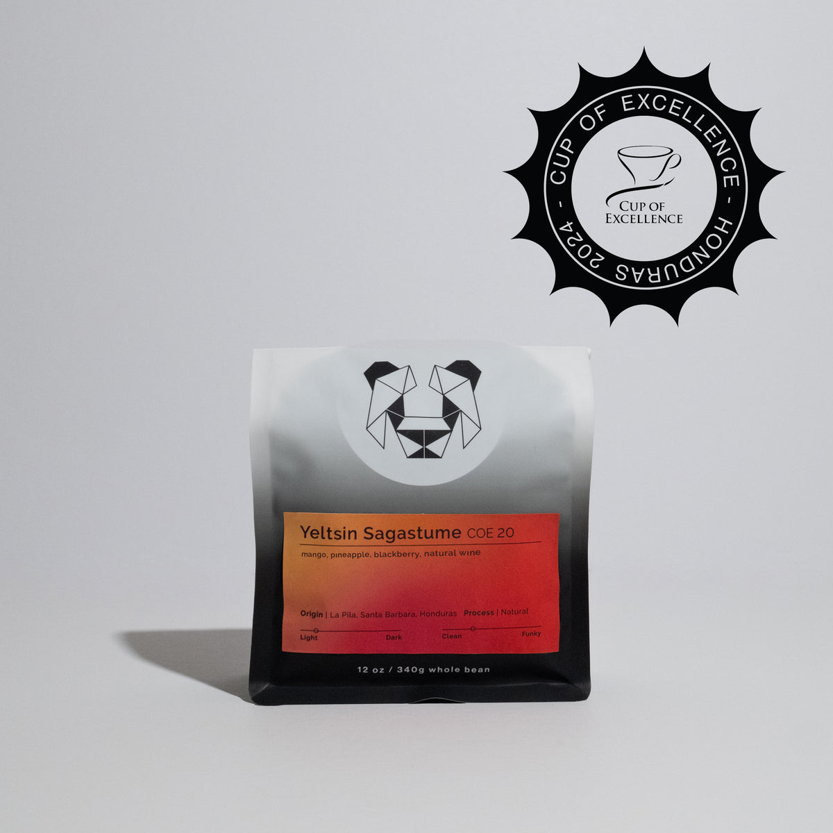 Yeltsin Sagastume - COE 20 coffee packaging, showcasing a premium blend from La Pila farm, highlighting the unique Maracaturra variety and natural processing method.