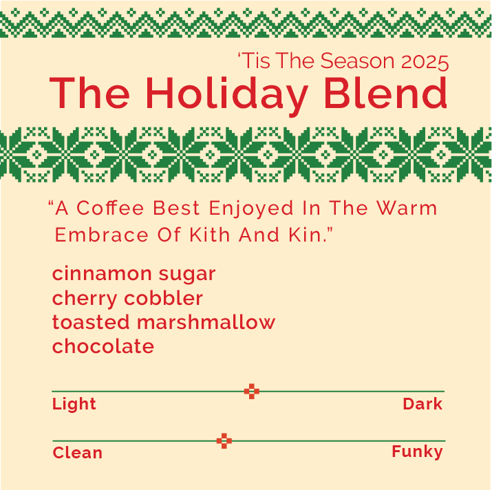 Holiday Blend - 'Tis The Season 2025 coffee label with pixel-knit patterns, flavor notes (cinnamon sugar, cherry cobbler, marshmallow, chocolate), and light-to-dark, clean-to-funky scales.
