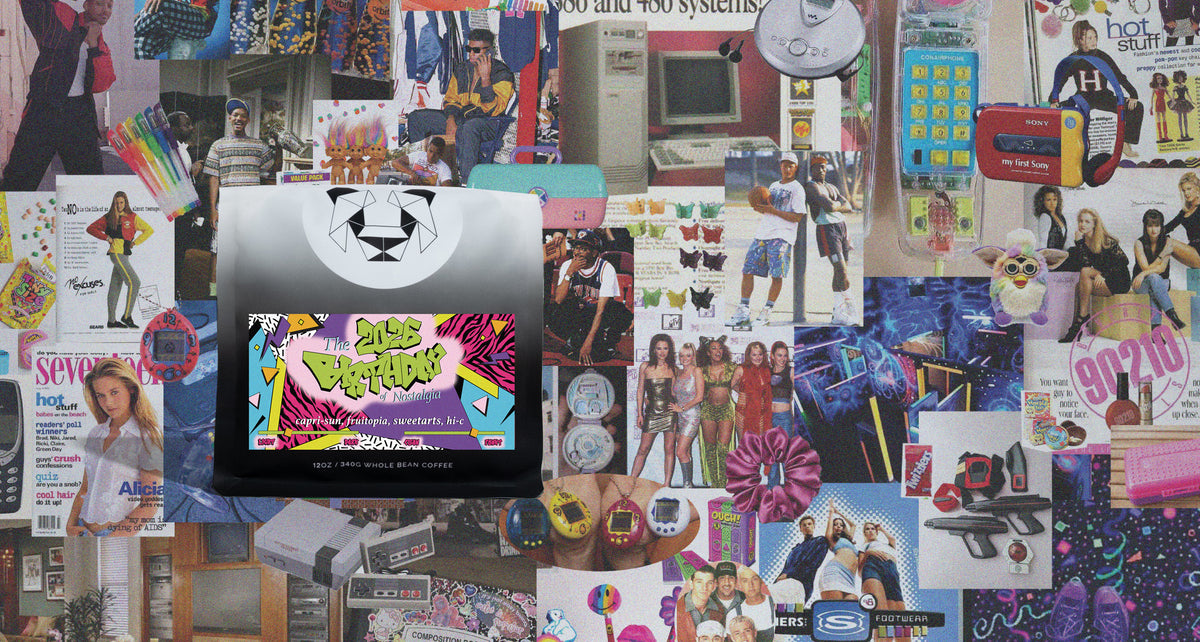 A collage of retro pop culture posters, magazines, toys, and objects arranged in a vibrant, busy composition, with a central black rectangular item featuring a colorful graphic that reads '2026 BIRTHDAY!'.