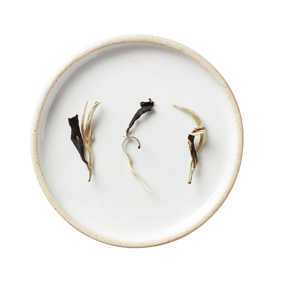 Ceramic plate with artfully arranged dried tea leaves, featuring silvery-white buds and darker leaves of Ma Wei Moonlight, a shade-dried yue guang bai from Yunnan, China.