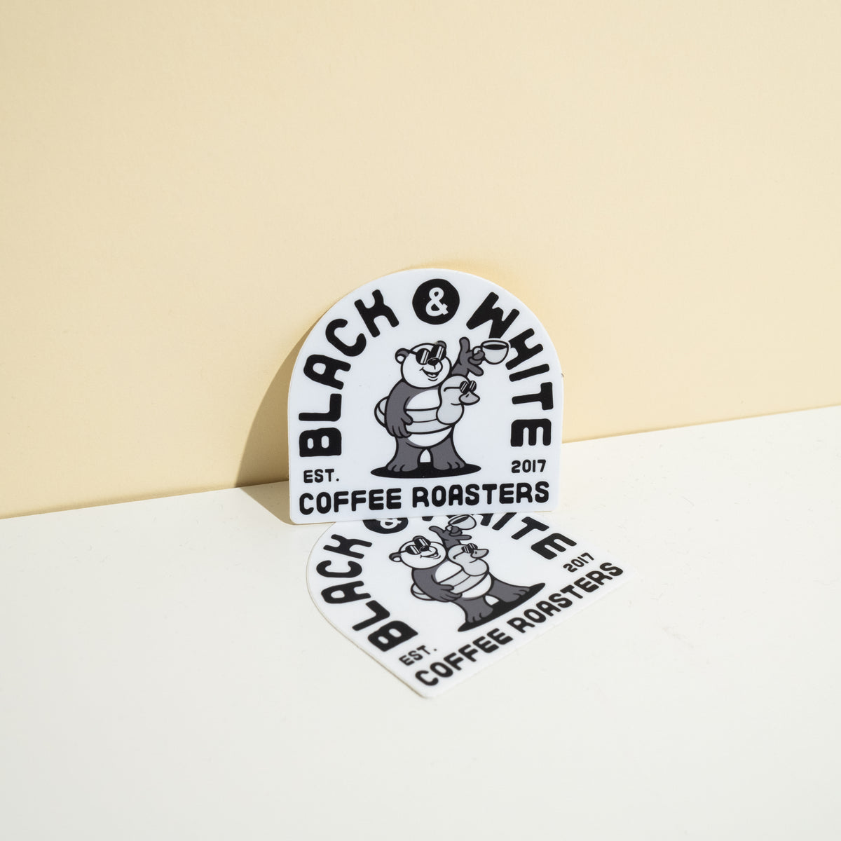 Summer Fun Panda Sticker designed by Bear Roach, ideal for decorating water bottles, laptops, or pools; measures 3 W x 2 3/4 H.