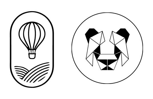 Two geometric icons on a black background: a hot air balloon and a panda face.