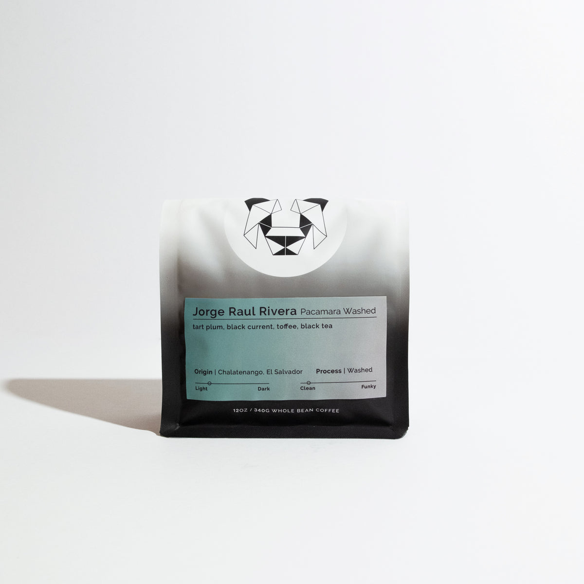 Coffee package with a brand logo on a white background with the name Jorge Raul Rivera Pacamara Washed.