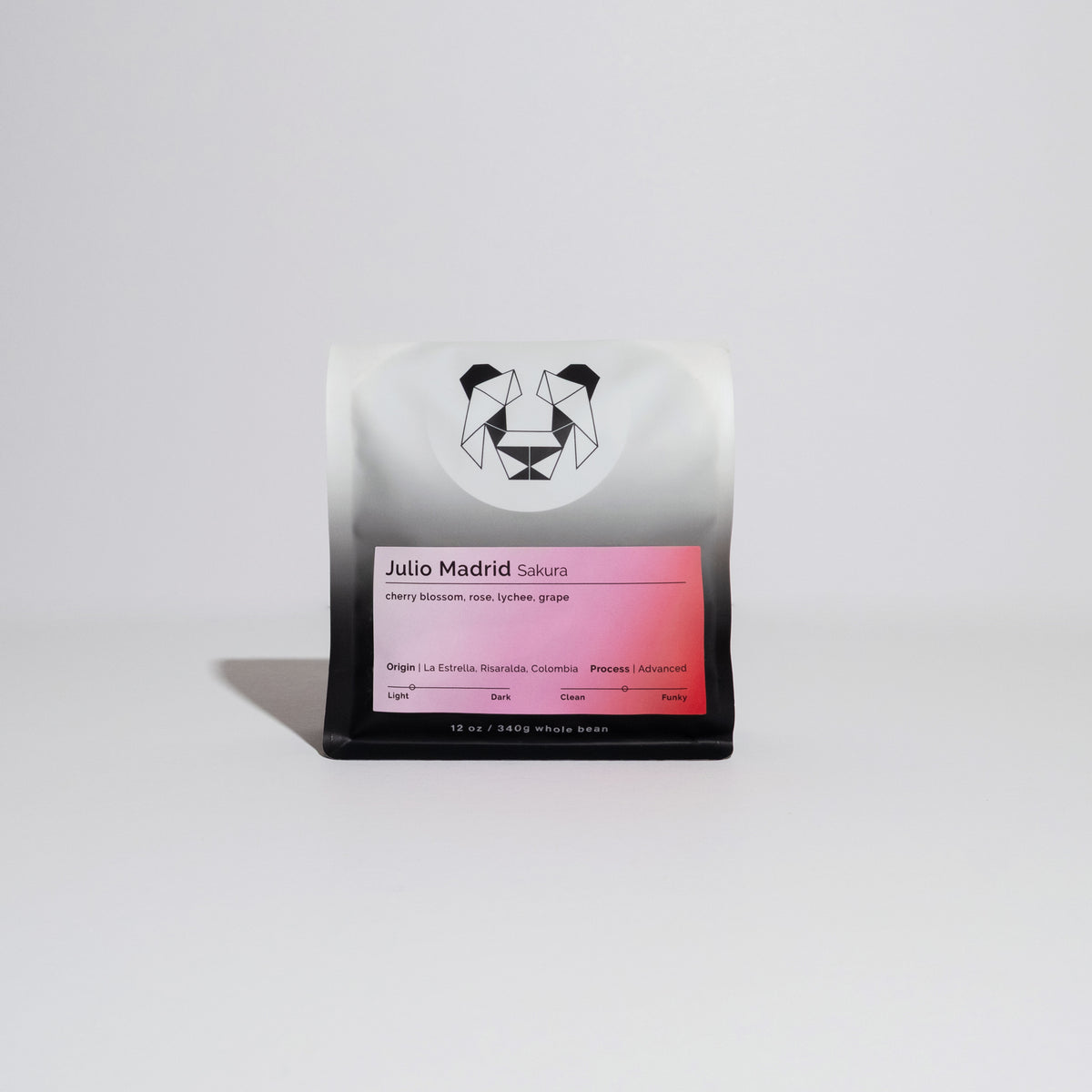 Julio Madrid - Sakura coffee, featuring a black and white bag with a pink label, highlighting innovative Culturing-Nitro Washed processing and floral, fruity notes.