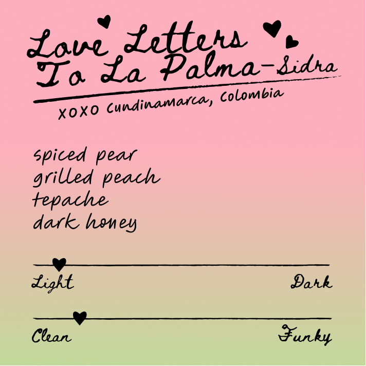 Love Letters to La Palma-Sidra coffee poster from Cundinamarca, Colombia, featuring flavor notes: spiced pear, grilled peach, tepache, dark honey; Light and Clean scales indicated.
