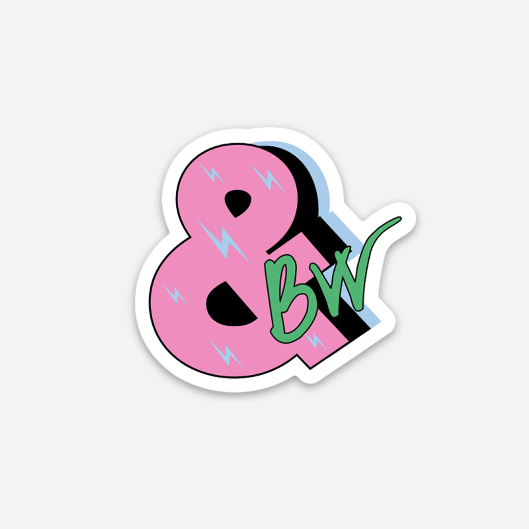 A die-cut vinyl sticker featuring a stylized pink ampersand with light blue lightning bolts, black shadowing, and green graffiti-style 'BW' lettering, shown on a light gray background.