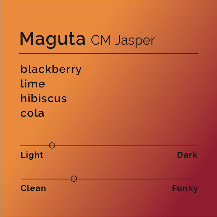 Maguta - CM Jasper coffee label on screen, showcasing David Ngibuini's innovative processing techniques at Maguta Estate, enhancing Kenyan coffee quality and flavors.