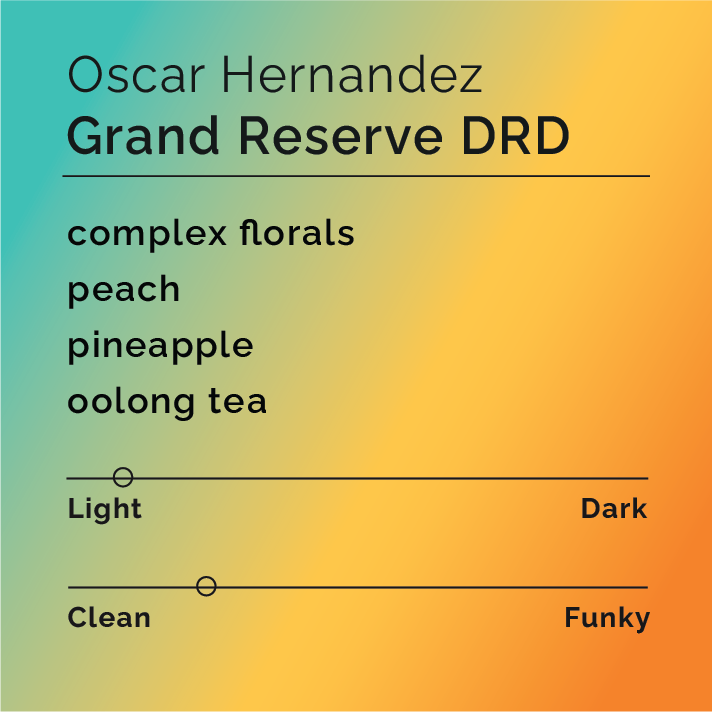 Oscar Hernandez Grand Reserve DRD coffee tasting card with flavor notes: complex florals, peach, pineapple, oolong tea; light roast, clean flavor character.