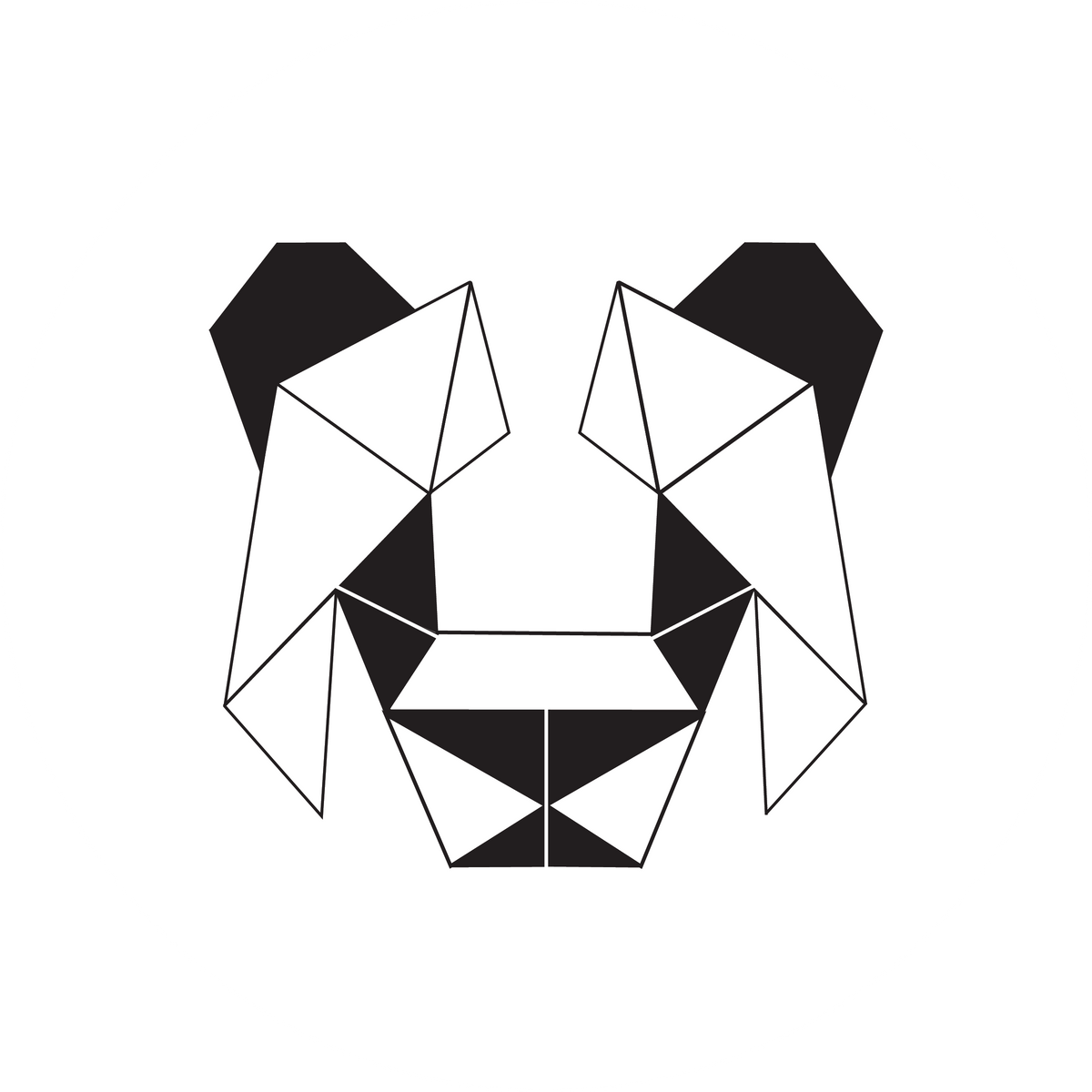 A geometric panda in a white circle with black triangle eyes and black ears. The whole design is symmetrical  and made of various triangles.