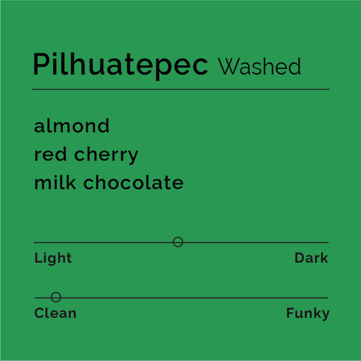 Pilhuatepec Washed coffee tasting card, featuring almond, red cherry, and milk chocolate notes, with a medium-dark roast and clean flavor profile.
