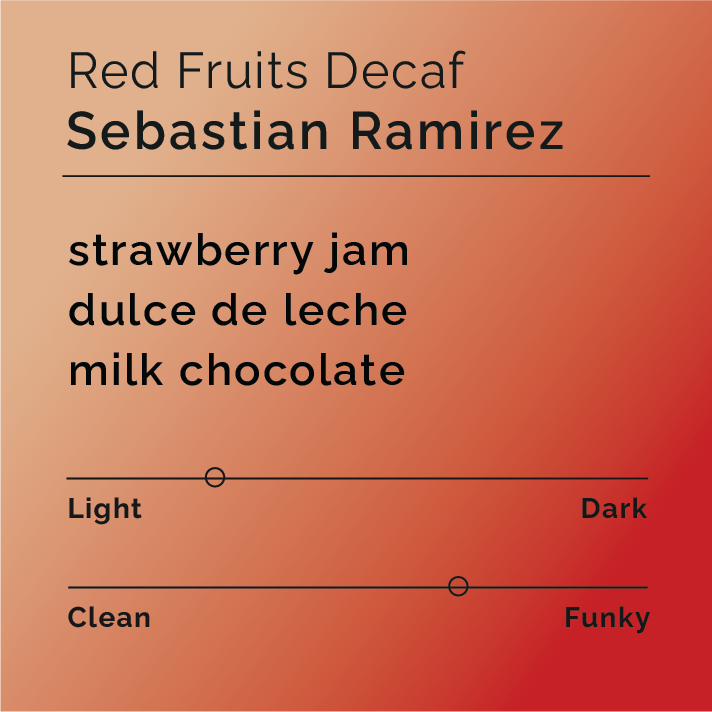 Product label for Sebastian Ramirez - Red Fruits Decaf with flavor description, mild funk, and lighter roast, on a color gradient background.