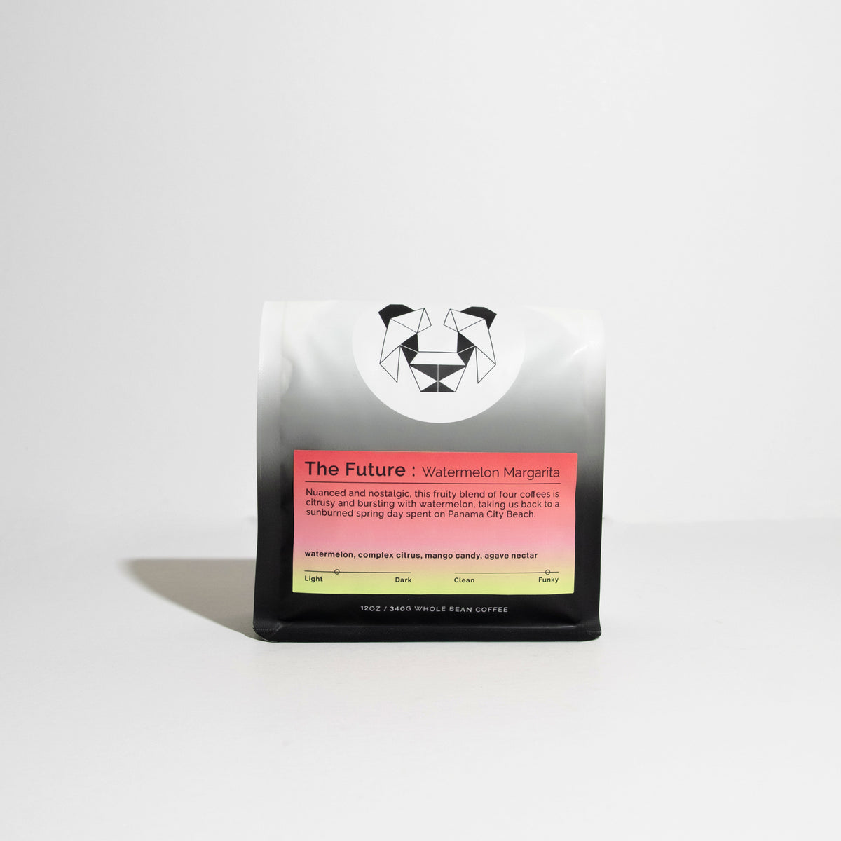 Matte-black-and-white coffee pouch labeled The Future: Watermelon Margarita, featuring fruity blend notes like watermelon, citrus, mango candy, and agave nectar, with a funky roast profile.