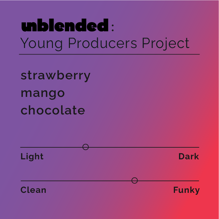Unblended Young Producers Project graphic, showcasing flavor notes: strawberry, mango, chocolate, with light-dark and clean-funky sliders highlighting coffee's taste profile.