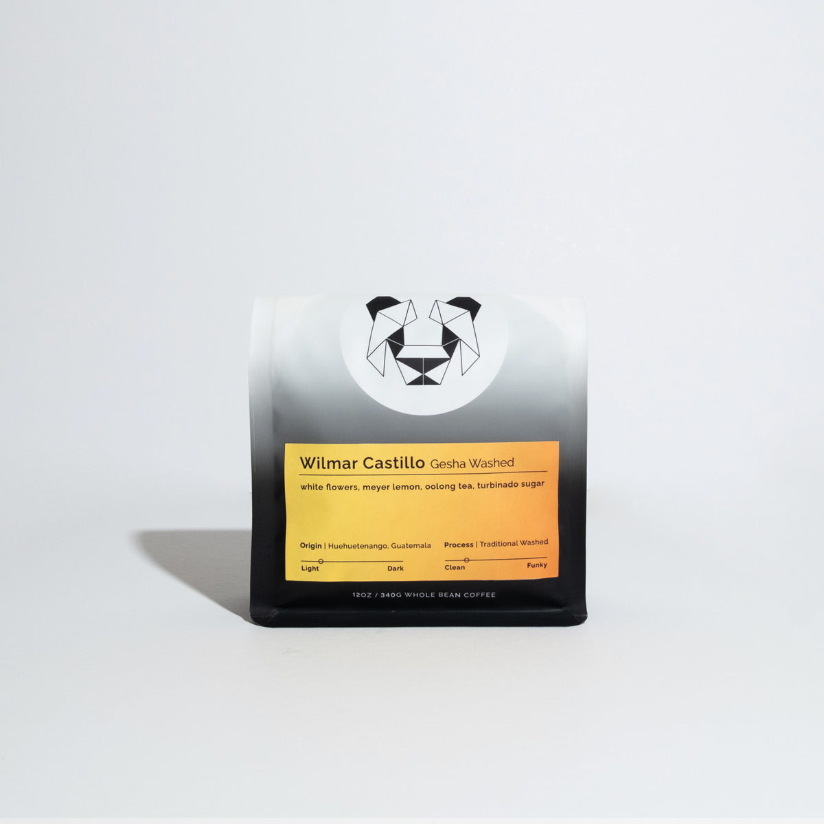 Wilmar Castillo Gesha Washed coffee beans bag showing gradient packaging, origin Huehuetenango, Guatemala, tasting notes, and geometric logo.
