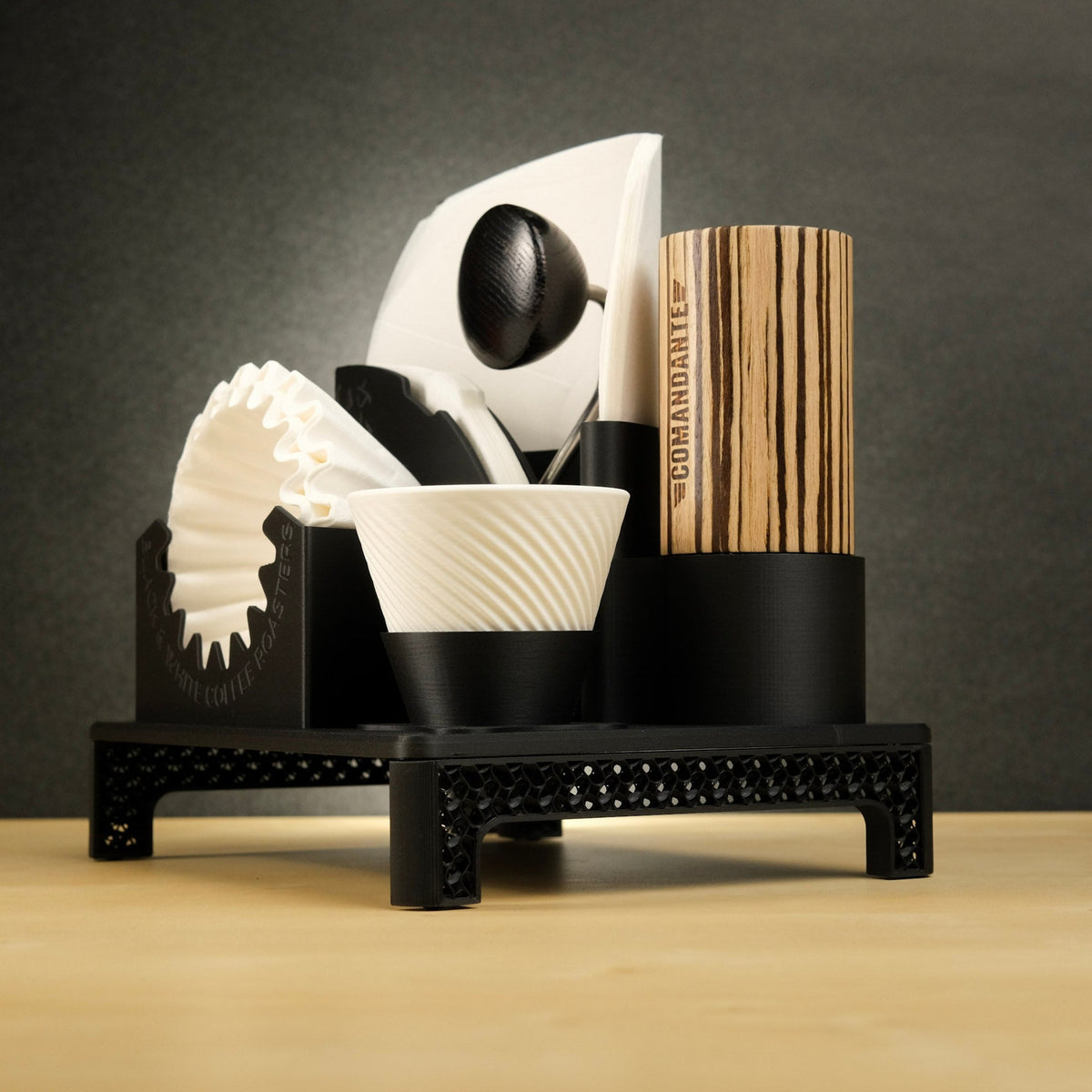 B&W Lab - Filter Holder neatly organizes coffee filters and accessories, accommodating Orea V3, Hario V60, and Kalita filters, with space for additional tools.